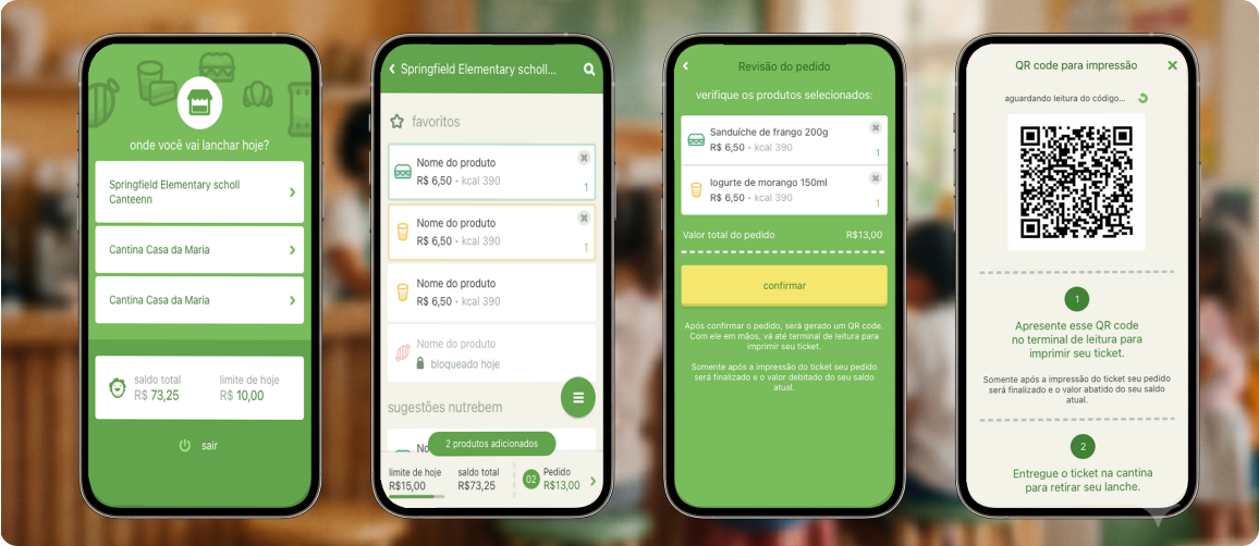 Cantina no celular — fluxo de compra e QR code
