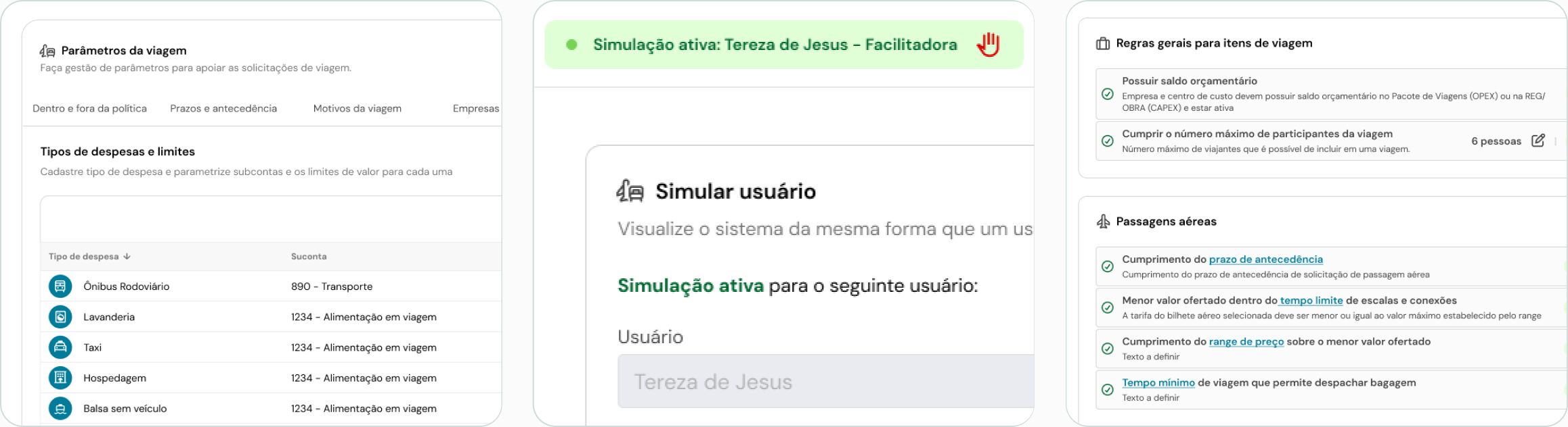 Parâmetros, simulação de usuário e políticas