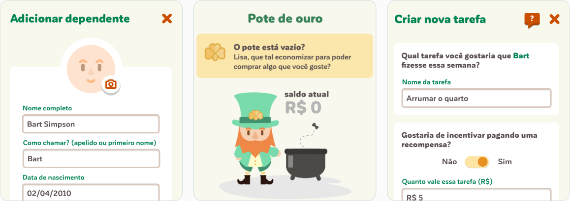 Telas do app Trevo — fluxos de tarefas e recompensas