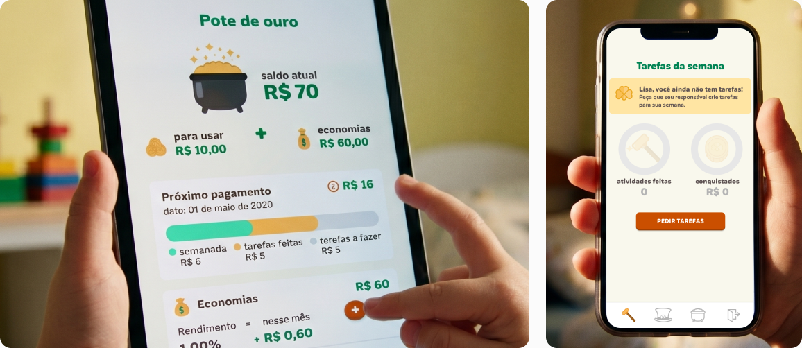 Telas do app Trevo — pote de ouro e tarefas